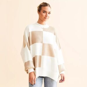 Free People White and Tan Checkered Sweater